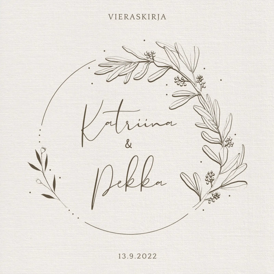 PERSONOITU VIERASKIRJA HÄIHIN BEIGE TAUSTA JA RUSKEA KUKKAKEHYS Decopaja