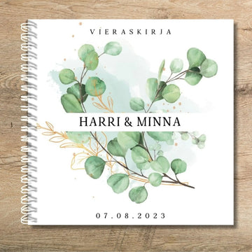 PERSONOITU VIERASKIRJA HÄIHIN EUKALYPTUS TAUSTALLA Decopaja
