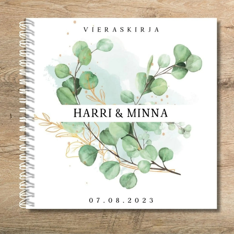 PERSONOITU VIERASKIRJA HÄIHIN EUKALYPTUS TAUSTALLA Decopaja