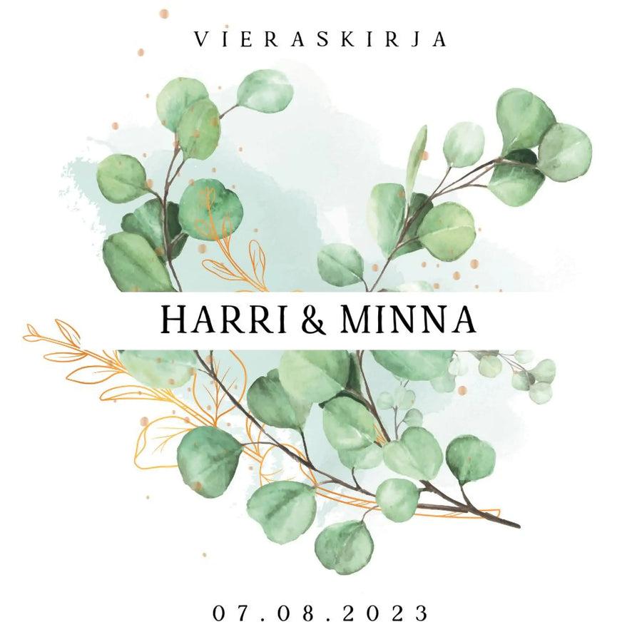 PERSONOITU VIERASKIRJA HÄIHIN EUKALYPTUS TAUSTALLA Decopaja