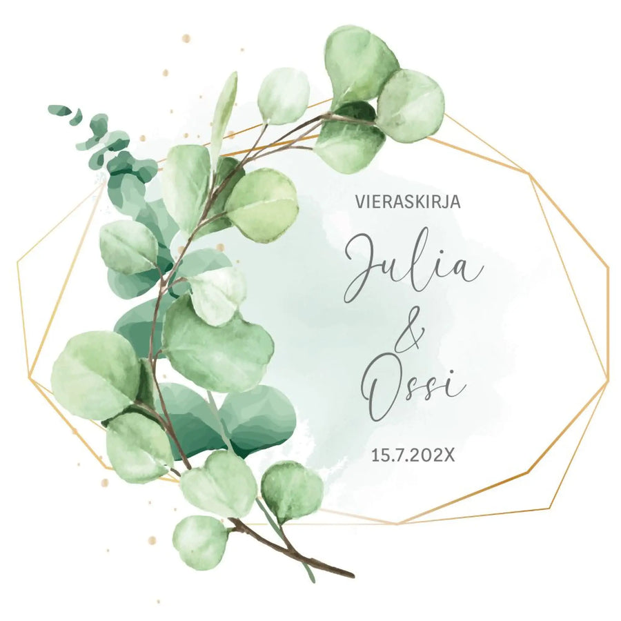 PERSONOITU VIERASKIRJA HÄIHIN GEOMETRINEN KEHYS JA EUKALYPTUS LEHTIÄ Decopaja