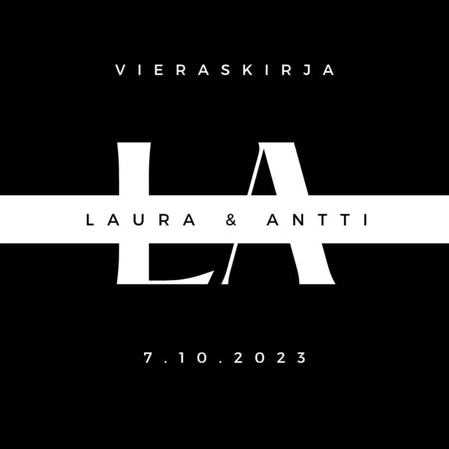 PERSONOITU VIERASKIRJA HÄIHIN MUSTA TAUSTA JA VALKOINEN TEKSTI Decopaja