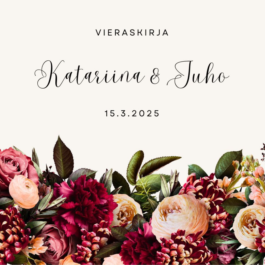 Personoitu vieraskirja häihin ruusuja ja pioneja Decopaja Decopaja.fi