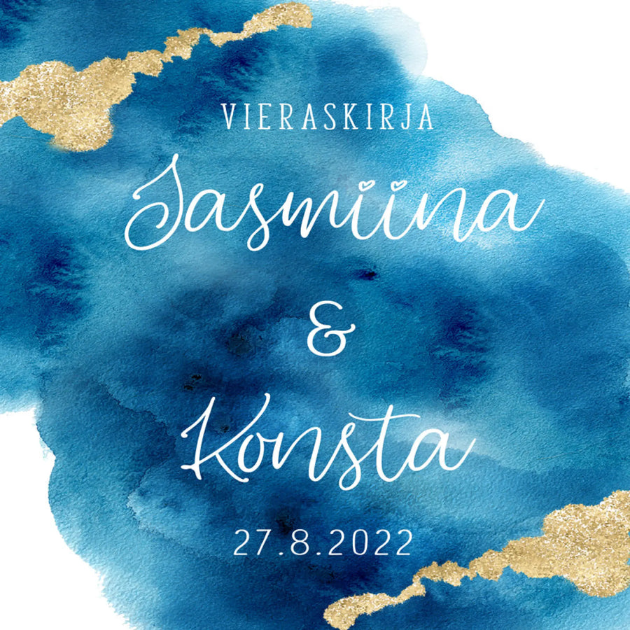 PERSONOITU VIERASKIRJA HÄIHIN SINISTÄ VALKOISTA JA KULTAA Decopaja