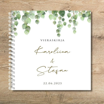 PERSONOITU VIERASKIRJA HÄIHIN VALKOINEN TAUSTA KULTA JA EUKALYPTUS REUNA Decopaja