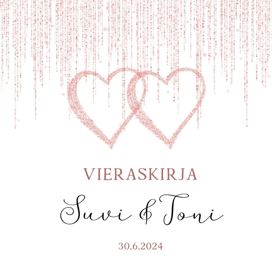 PERSONOITU VIERASKIRJA SYDÄMILLÄ JA PINKILLÄ TAUSTALLA Decopaja