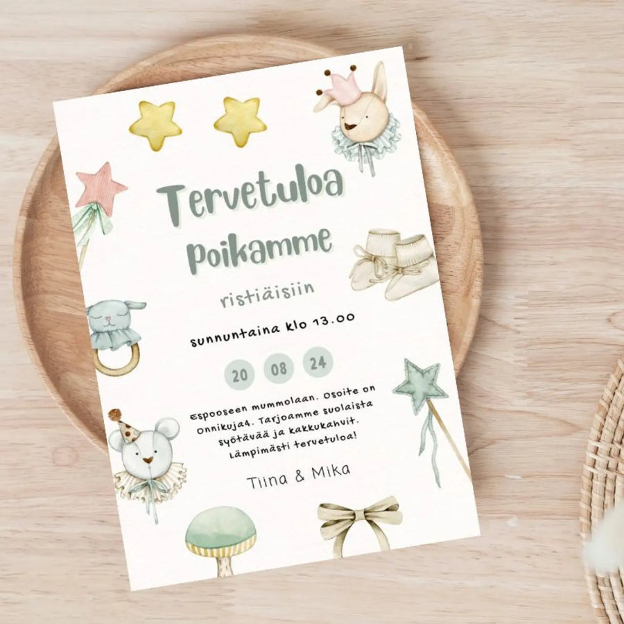 Ristiäiskutsut nimiäiskutsut vaalea tausta - vesivärikuvia Decopaja online store