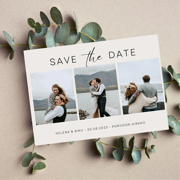 SAVE THE DATE KORTTI 3 KUVALLA A6 VAAKA Decopaja Decopaja.fi
