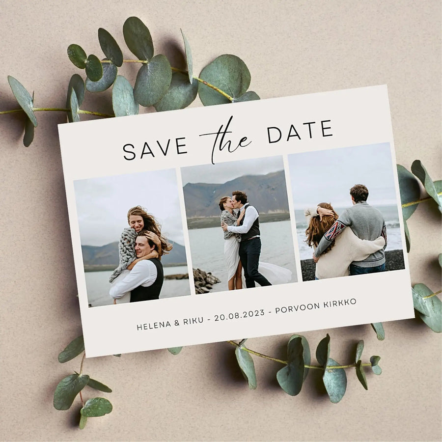 SAVE THE DATE KORTTI 3 KUVALLA A6 VAAKA Decopaja Decopaja.fi