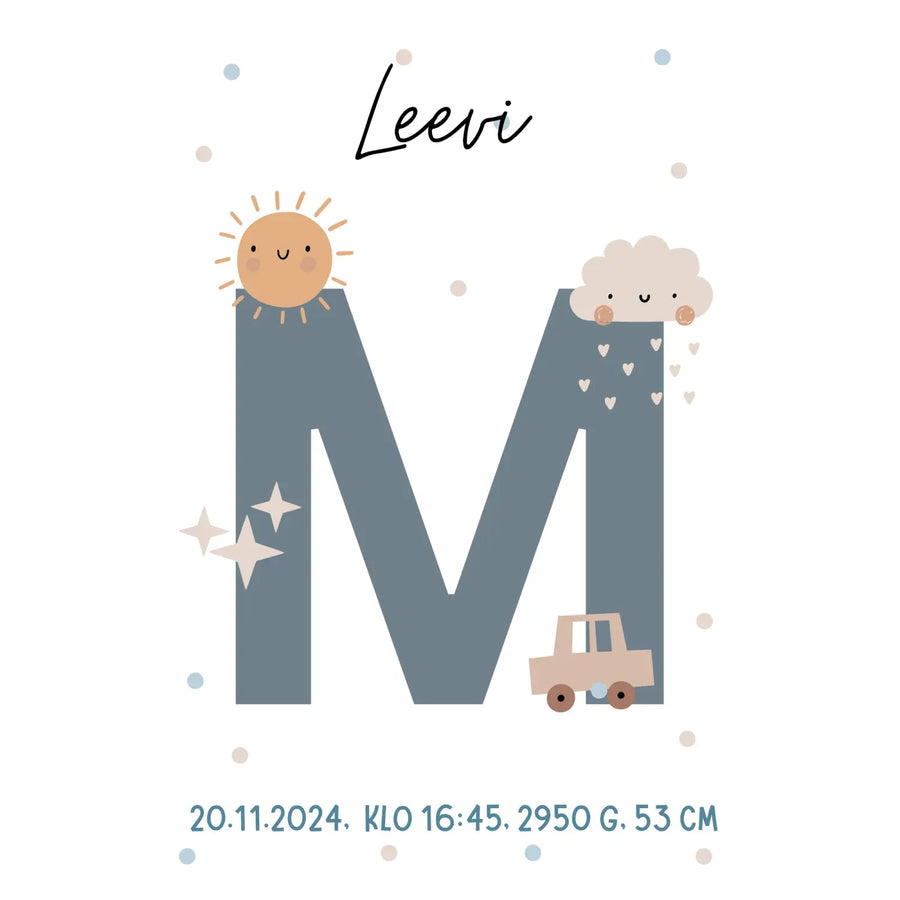Syntymäjuliste iso etukirjain ja auton kuva Decopaja SYNTYMÄJULISTE Decopaja.fi