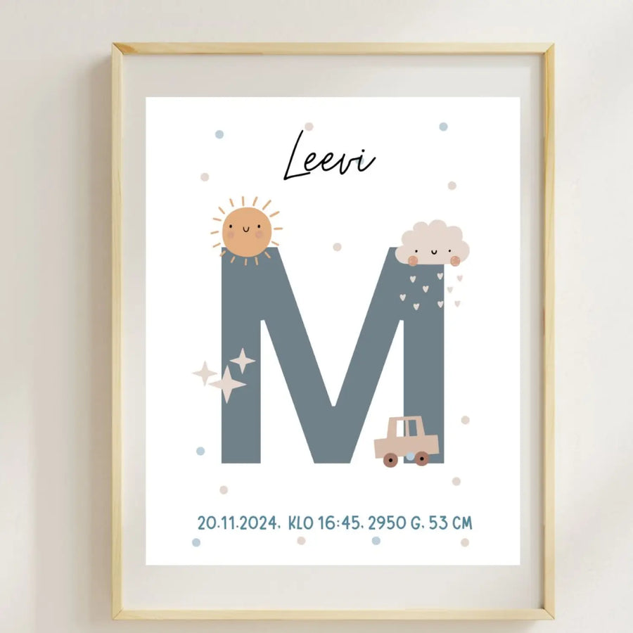 Syntymäjuliste iso etukirjain ja auton kuva Decopaja SYNTYMÄJULISTE Decopaja.fi