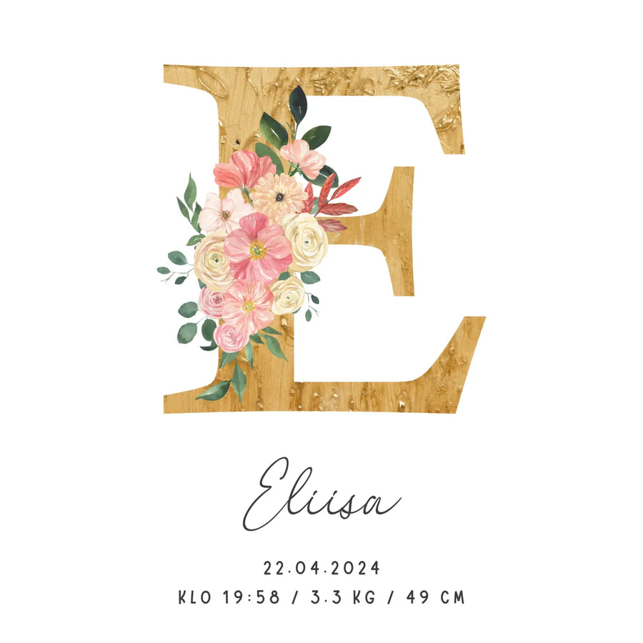 Syntymäjuliste iso kultainen etukirjain ja kukkia Decopaja SYNTYMÄJULISTE