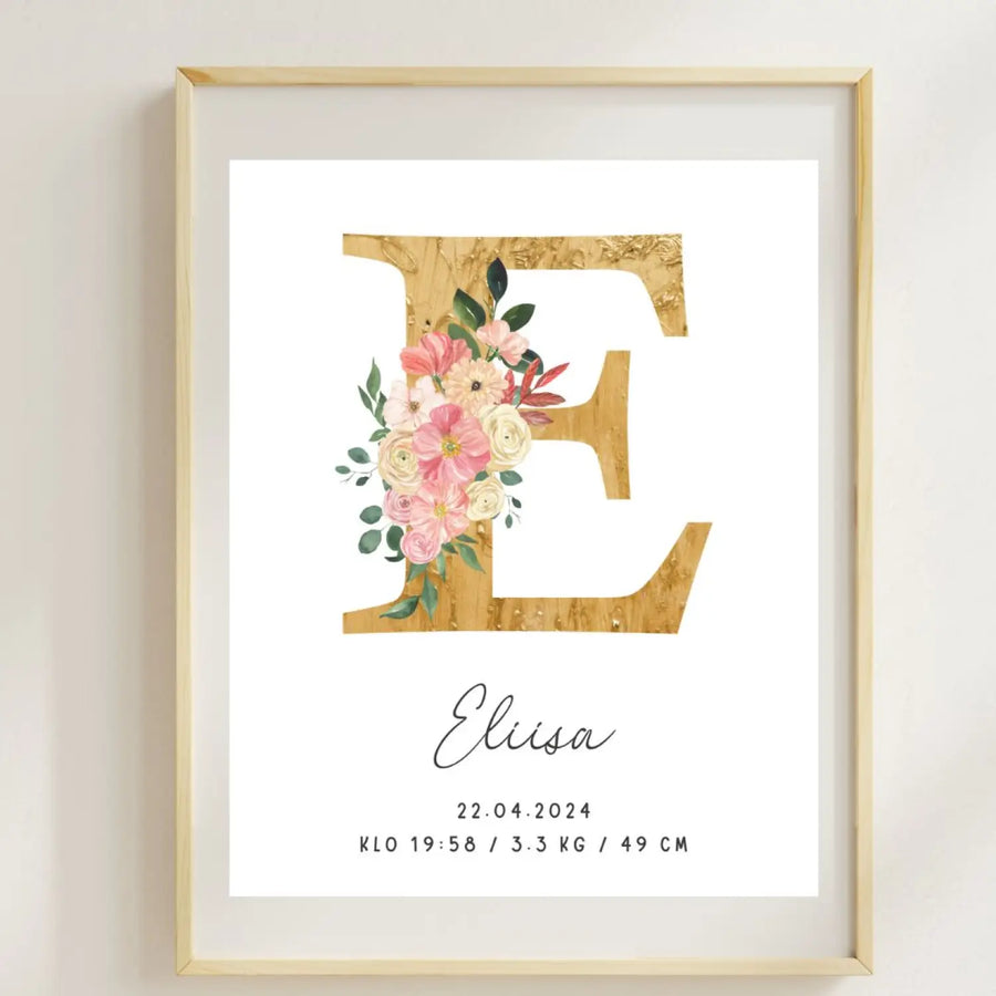 Syntymäjuliste iso kultainen etukirjain ja kukkia Decopaja SYNTYMÄJULISTE