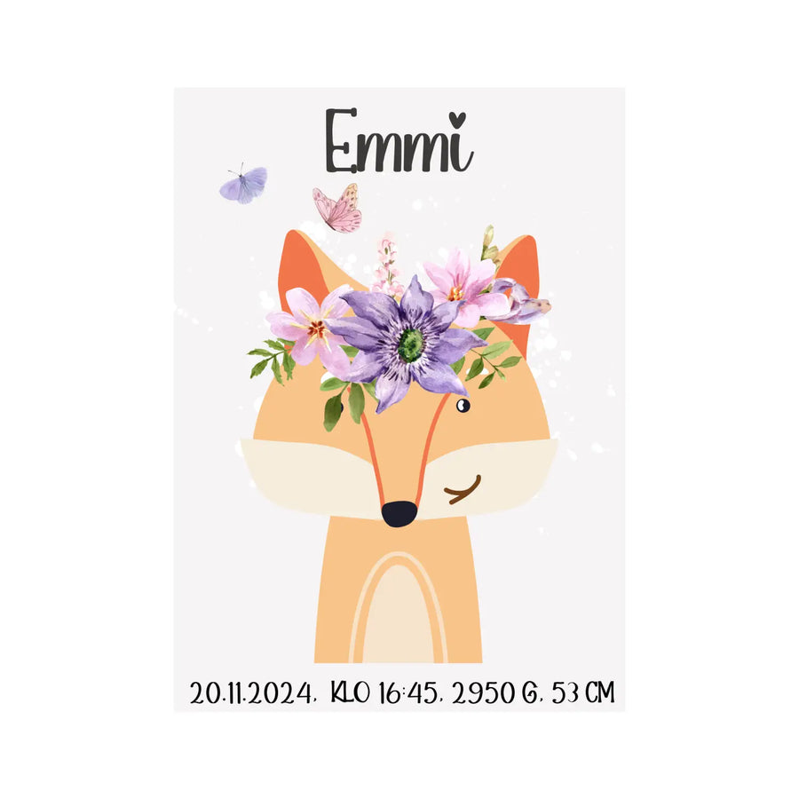 Syntymäjuliste kettu ja kukkaset sydän fontilla Decopaja SYNTYMÄJULISTE