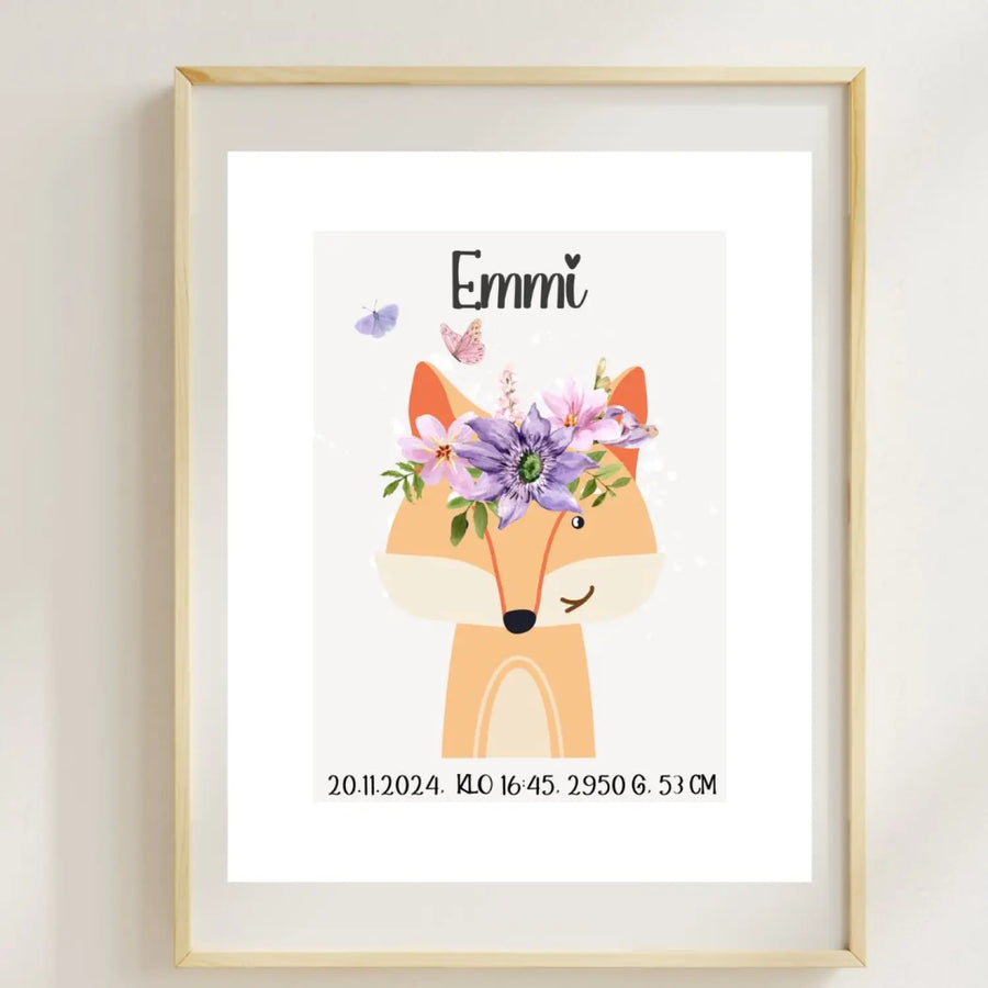 Syntymäjuliste kettu ja kukkaset sydän fontilla Decopaja SYNTYMÄJULISTE