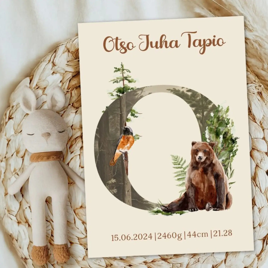 Syntymäjuliste kirjainjuliste metsän aarteita Decopaja SYNTYMÄJULISTE KIRJAINJULISTE