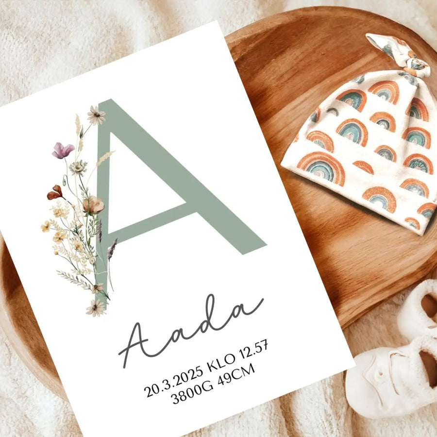 Syntymäjuliste kirjainjuliste salvianvihreä Decopaja SYNTYMÄJULISTE KIRJAINJULISTE etukirjain