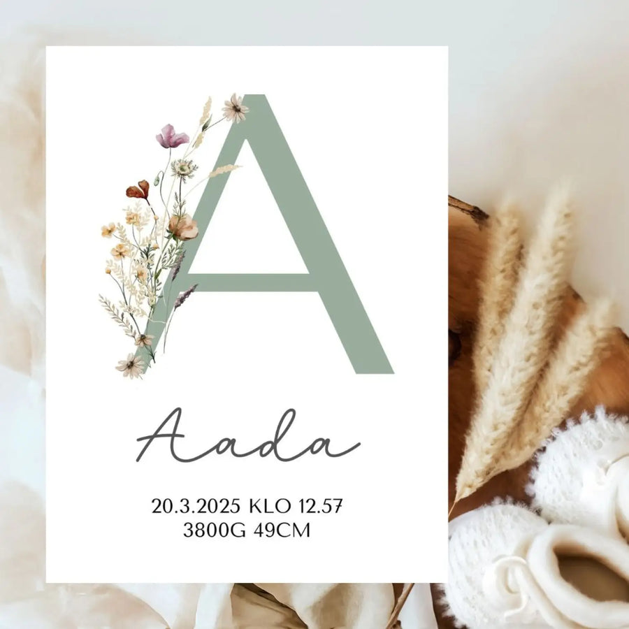 Syntymäjuliste kirjainjuliste salvianvihreä Decopaja SYNTYMÄJULISTE KIRJAINJULISTE etukirjain