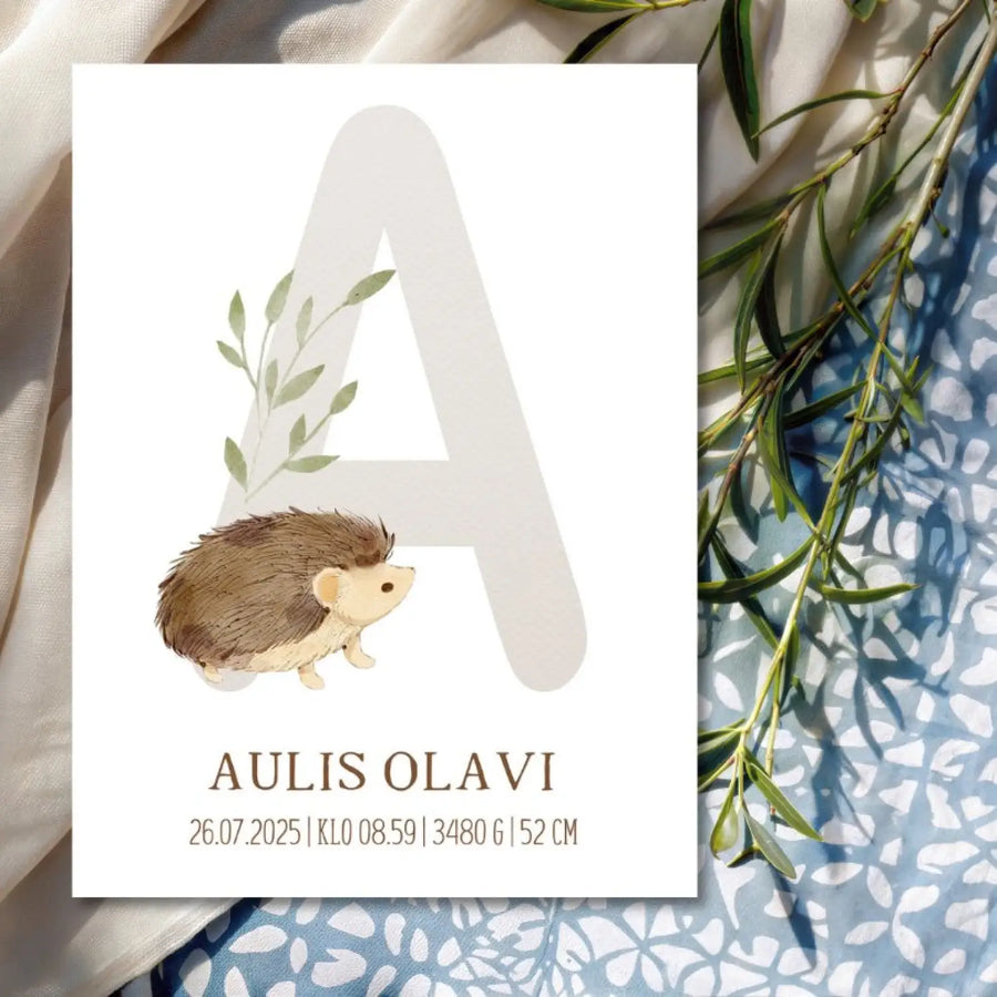 Syntymäjuliste kirjainjuliste siili Decopaja SYNTYMÄJULISTE KIRJAINJULISTE metsän eläimiä