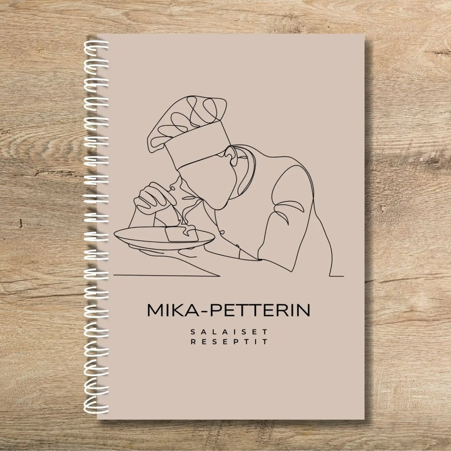 Täytettävä reseptikirja omalla tekstillä kokin kuvalla Decopaja