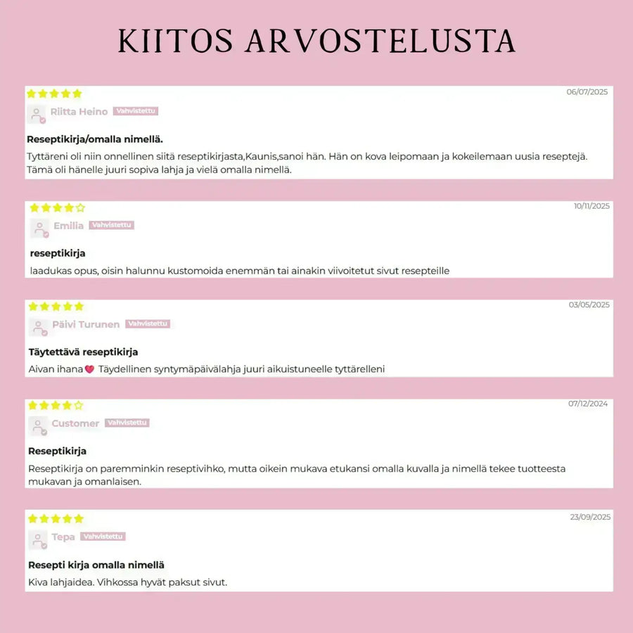 Täytettävä reseptikirja purppura Decopaja omalla tekstillä pinkki