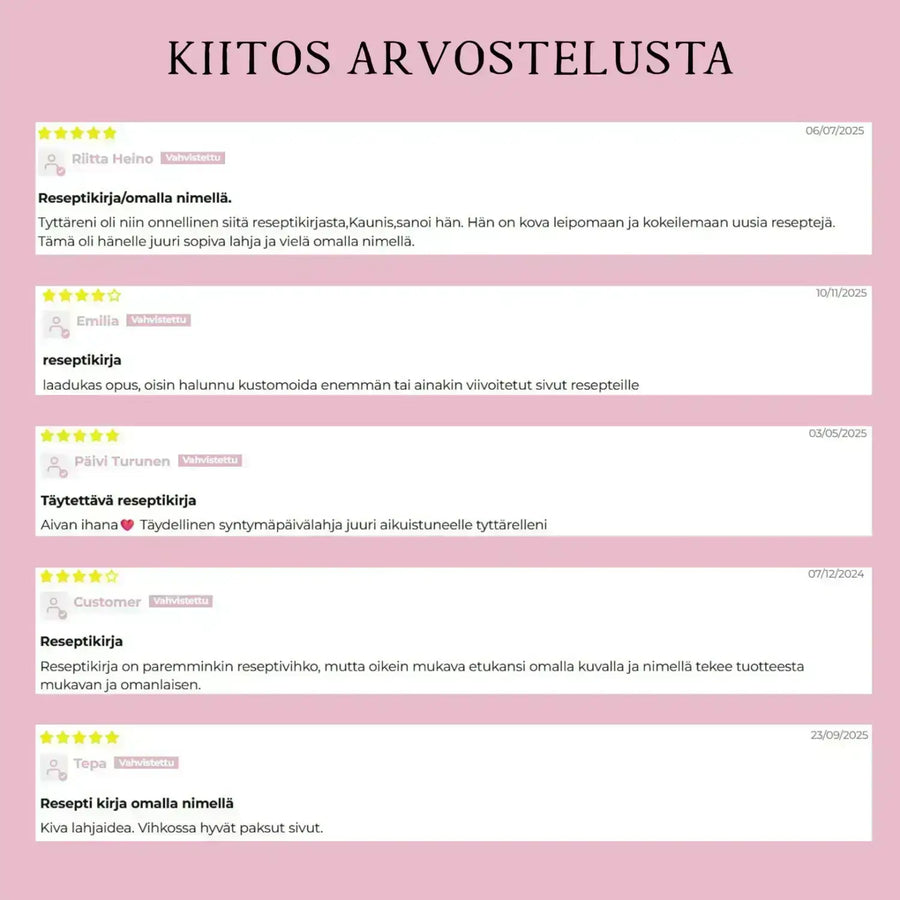 Täytettävä reseptikirja ruuanlaitto Decopaja omalla tekstillä
