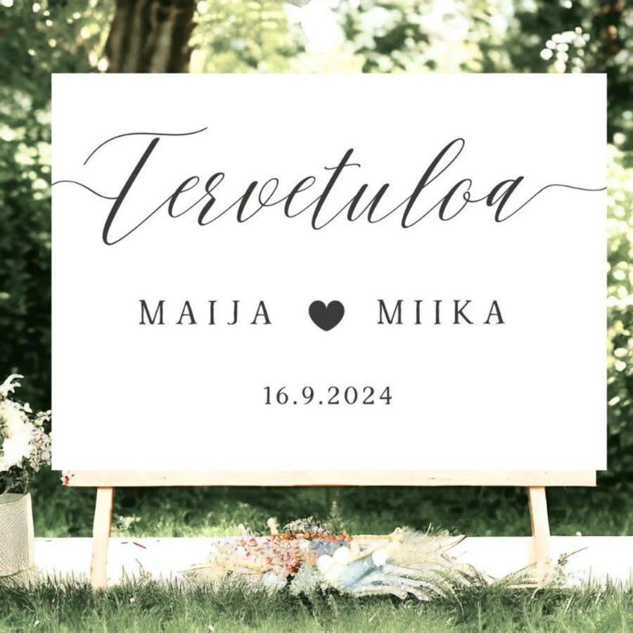 Tervetuloakyltti häihin minimalistinen valkoinen Decopaja