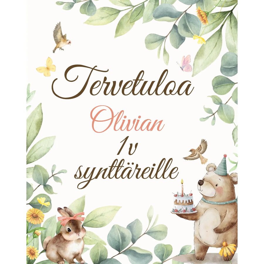 Tervetuloakyltti -juliste syntymäpäiville metsän eläimiä Decopaja