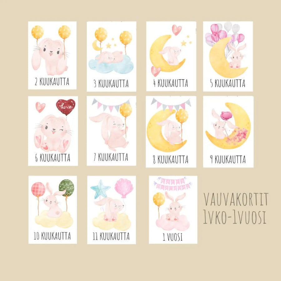 Vauvakortit virstanpylväskortit pupu ja ilmapallot🎈 Decopaja