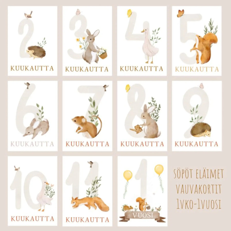Vauvakortit virstanpylväskortit söpöt eläimet Decopaja