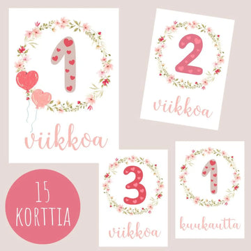 Vauvakortit virstanpylväskortit sydämiä ja kukkia Decopaja