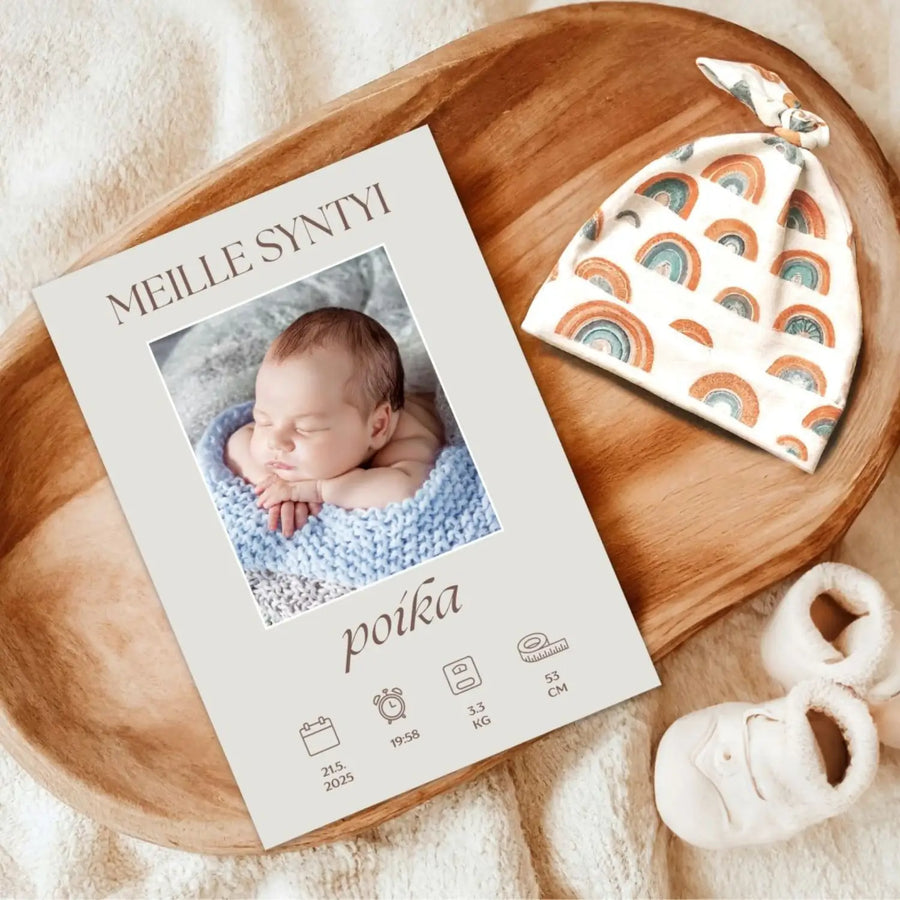 Vauvakortti syntymäilmoitus -kortti beige syntymätiedot Decopaja