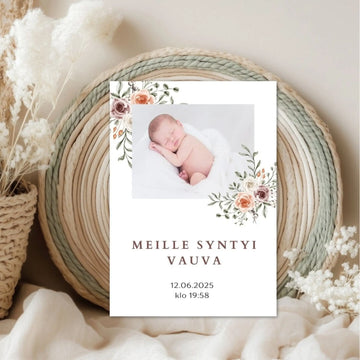 Vauvakortti syntymäilmoitus -kortti kukkia murrettuja sävyjä Decopaja