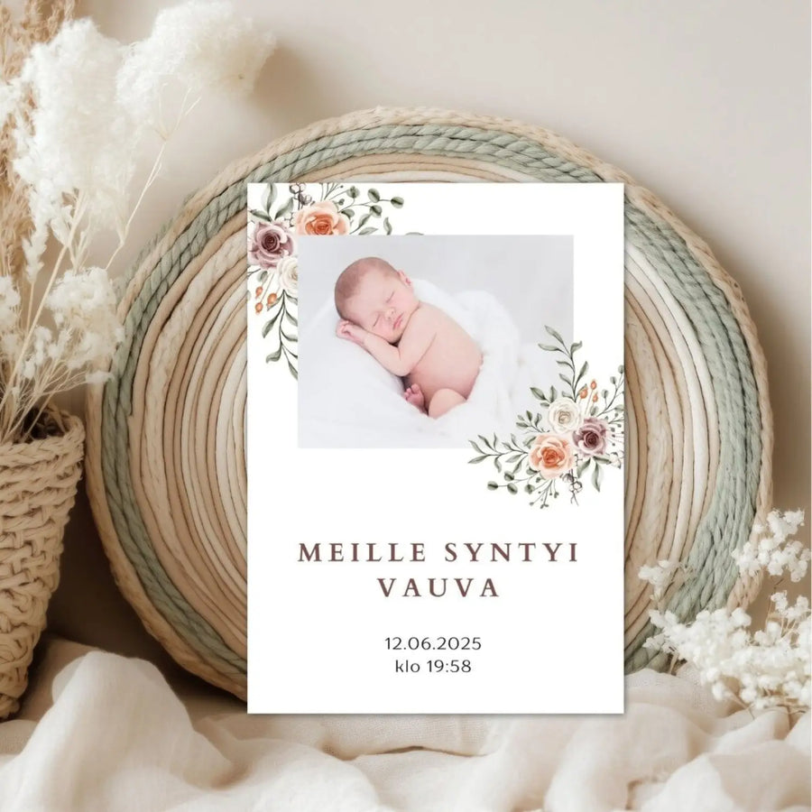 Vauvakortti syntymäilmoitus -kortti kukkia murrettuja sävyjä Decopaja