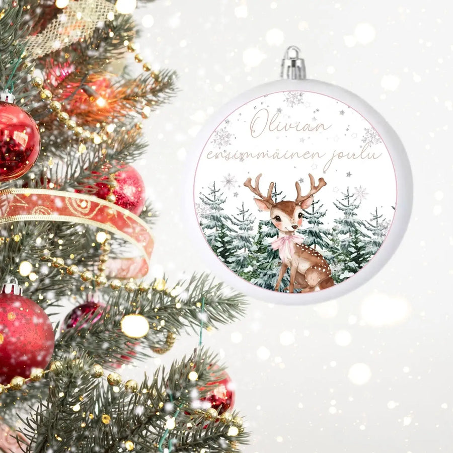 Vauvan ensimmäinen joulu joulukoriste bambi Decopaja Ensimmäinen jouluni joulupallo Decopaja.fi