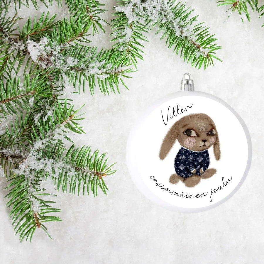 Vauvan ensimmäinen joulu joulukoriste pupu sininen Decopaja Ensimmäinen jouluni joulupallo Decopaja.fi