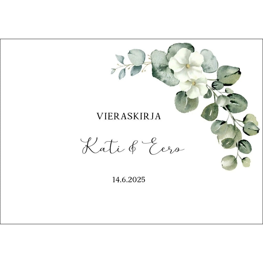 Vieraskirja häihin A5/A4 vaaka valkoisia kukkia ja eukalyptusta Decopaja
