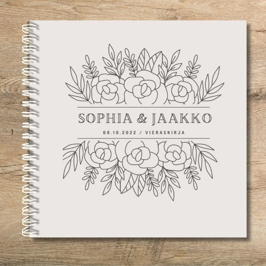 Vieraskirja häihin beige tausta ja kukkakehys Decopaja musta