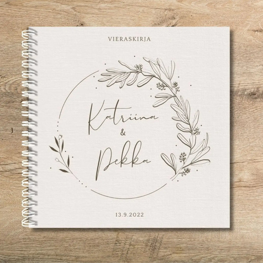 Vieraskirja häihin beige tausta ja ruskea kukkakehys Decopaja