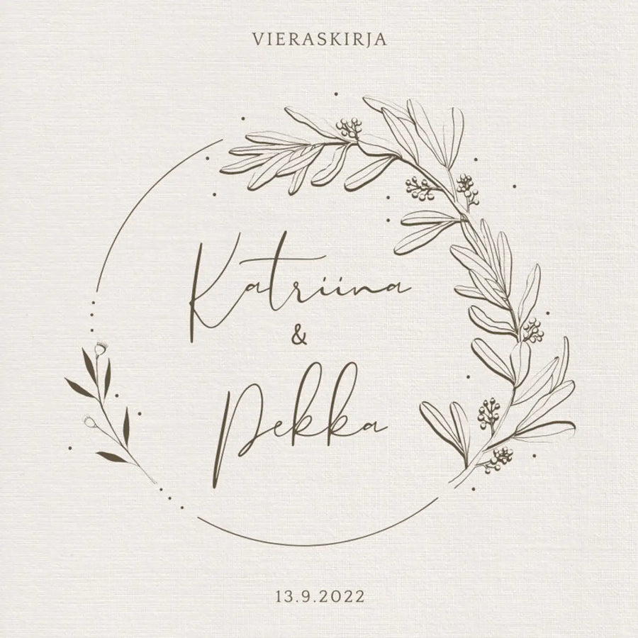 Vieraskirja häihin beige tausta ja ruskea kukkakehys Decopaja