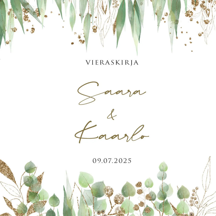 Vieraskirja häihin eukalyptus ja kulta reunat Decopaja valkoinen tausta