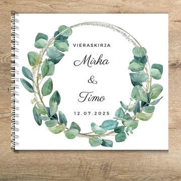 Vieraskirja häihin eukalyptus ja pyöreä hopeinen kehys Decopaja