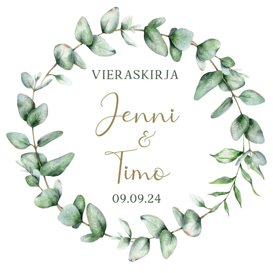 Vieraskirja häihin EUKALYPTUS KEHYS JA SYDÄN FONTTI Decopaja