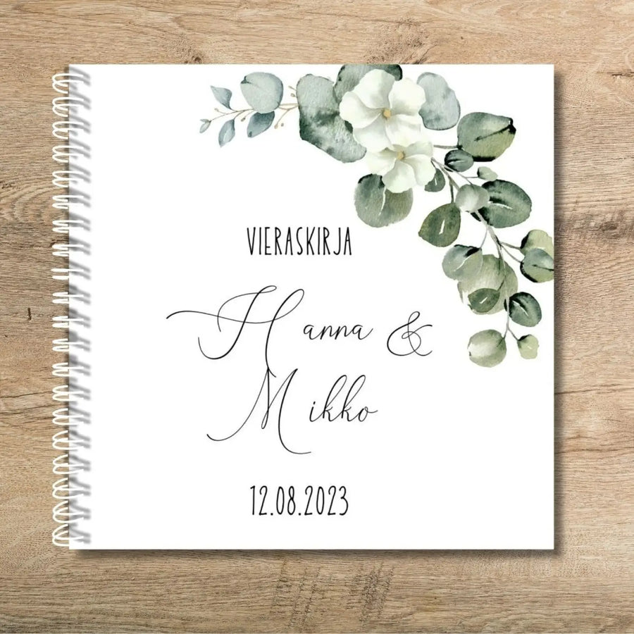 Vieraskirja häihin eukalyptus koriste ja valkoisia kukkia Decopaja eukaylptus