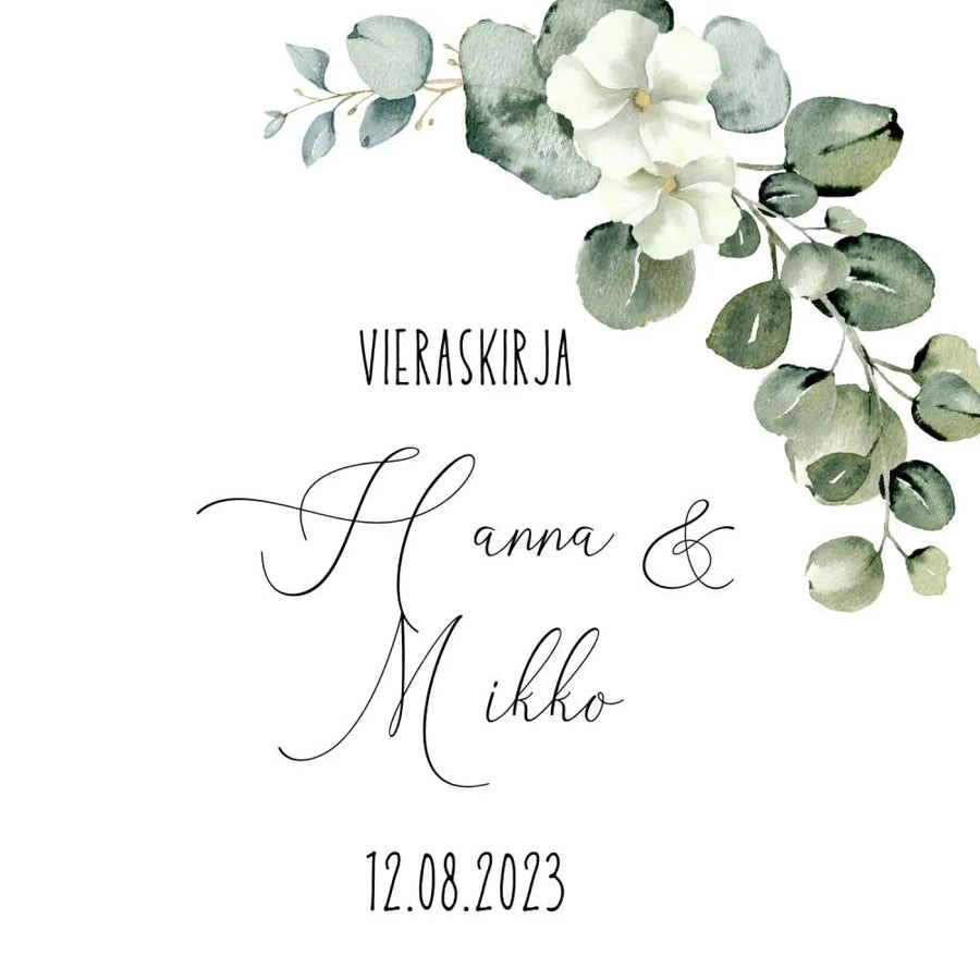 Vieraskirja häihin eukalyptus koriste ja valkoisia kukkia Decopaja eukaylptus