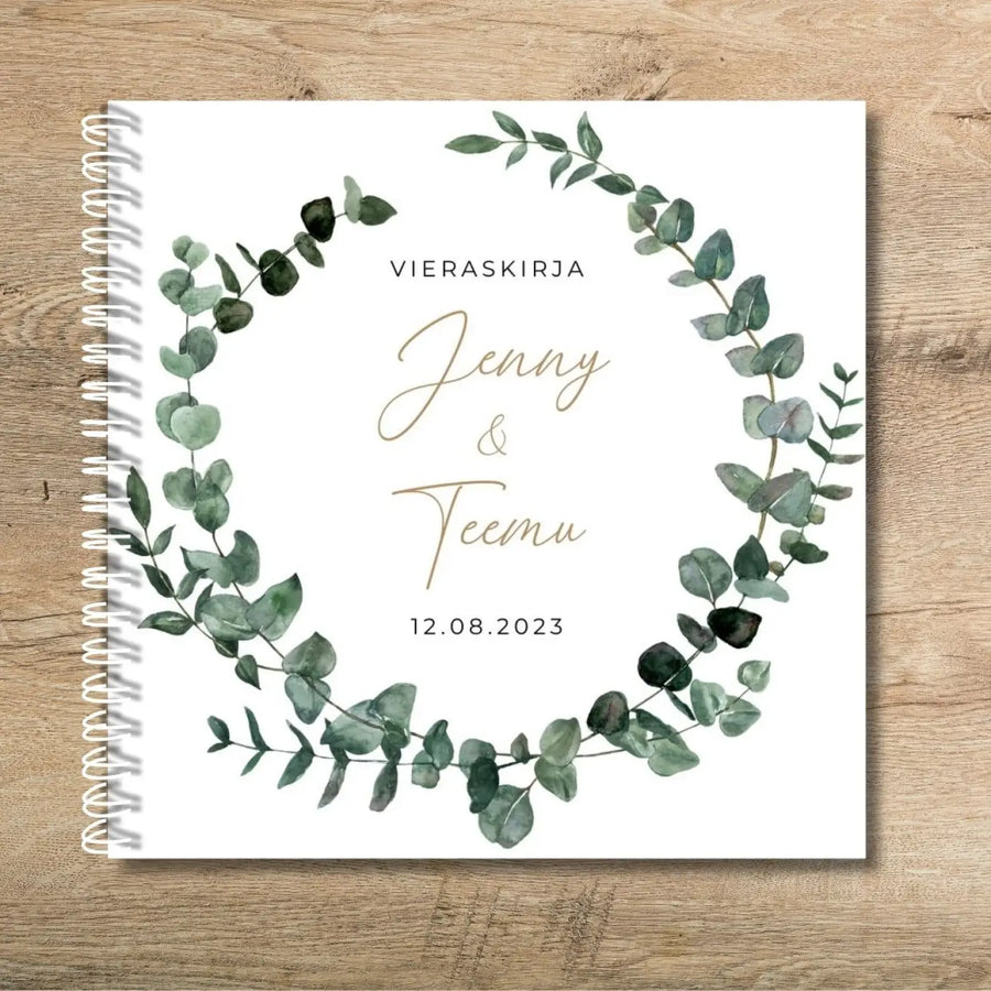 Vieraskirja häihin eukalyptus valkoinen tausta Decopaja kuosilla