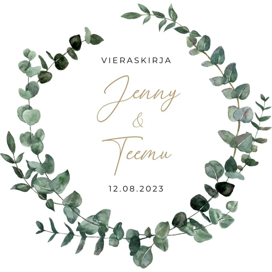 Vieraskirja häihin eukalyptus valkoinen tausta Decopaja kuosilla