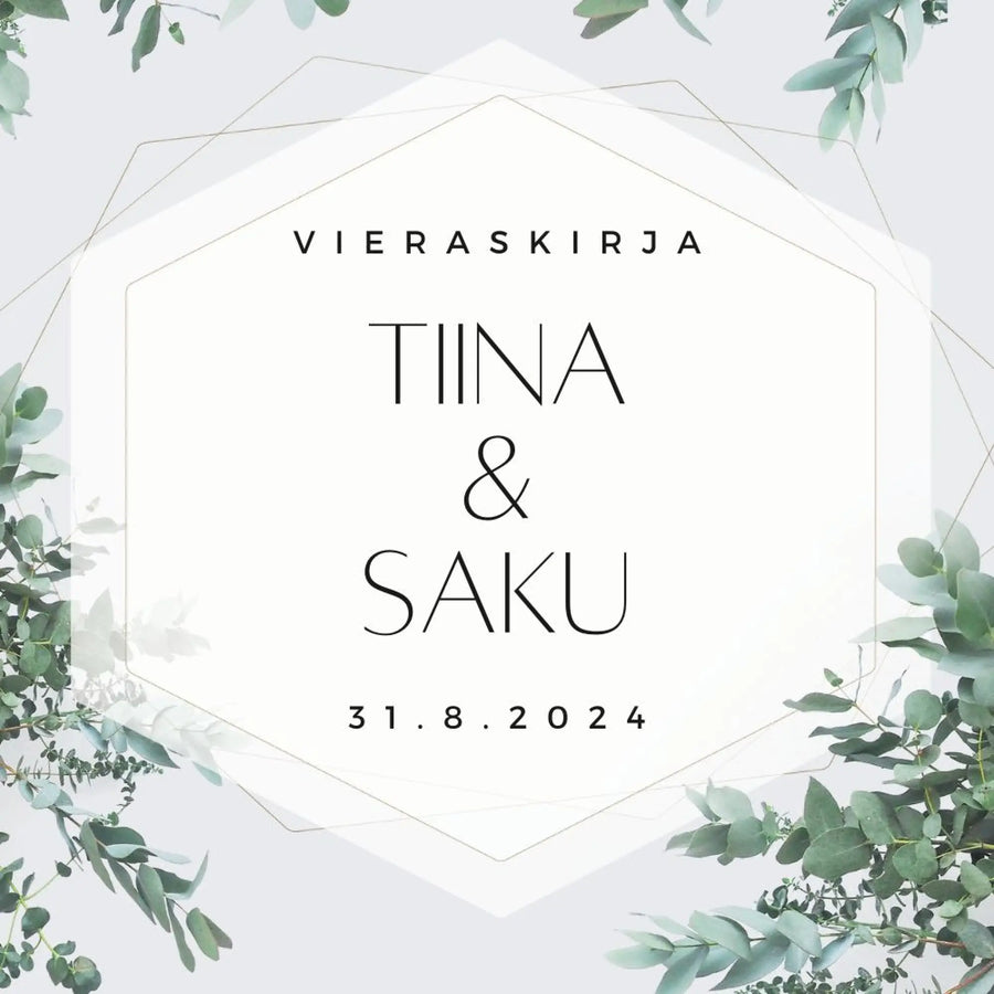 Vieraskirja häihin Harmaa tausta ja eukalyptuslehtiä Decopaja