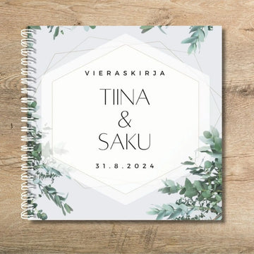 Vieraskirja häihin Harmaa tausta ja eukalyptuslehtiä Decopaja