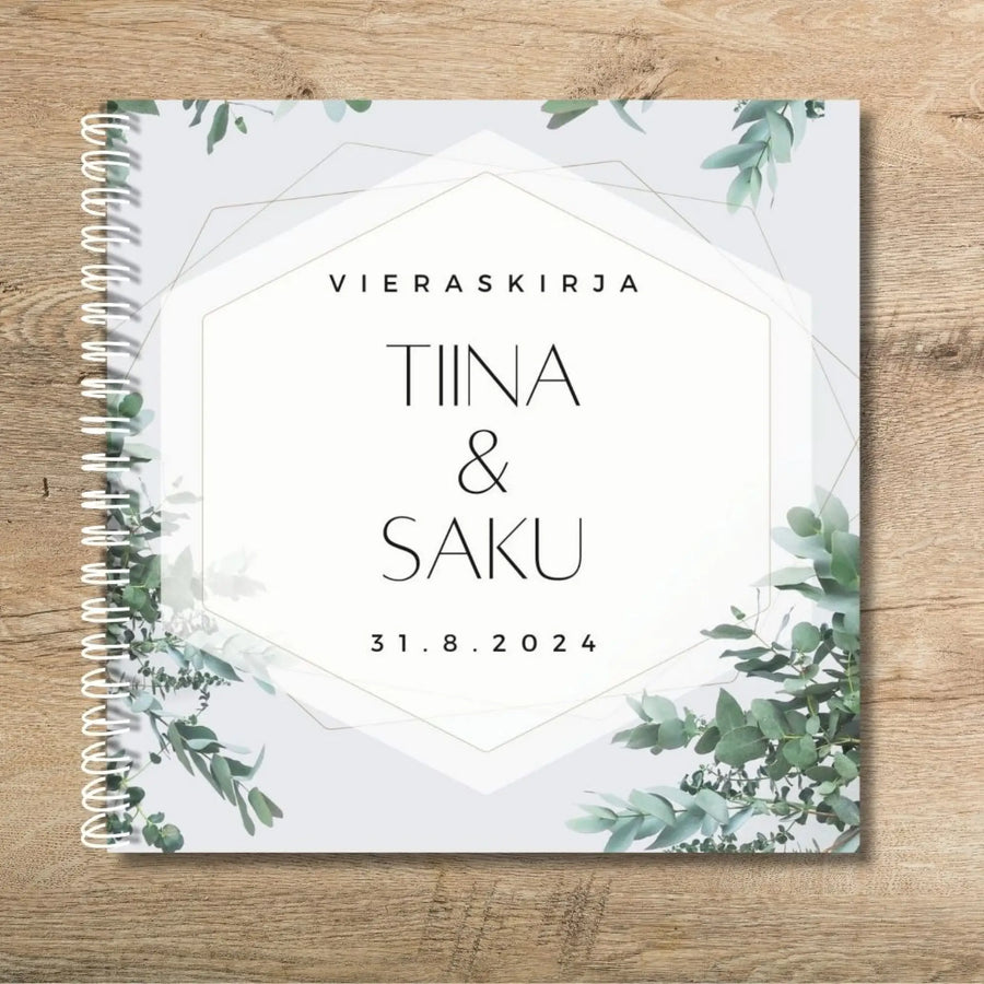 Vieraskirja häihin Harmaa tausta ja eukalyptuslehtiä Decopaja